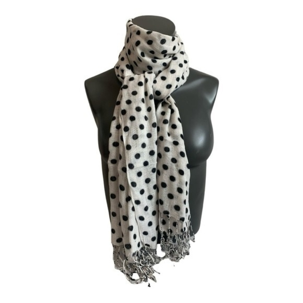Women's Polka Dot Scarf 22"x74" Black White Fringe Viscose Summer Wrap Sheer VG